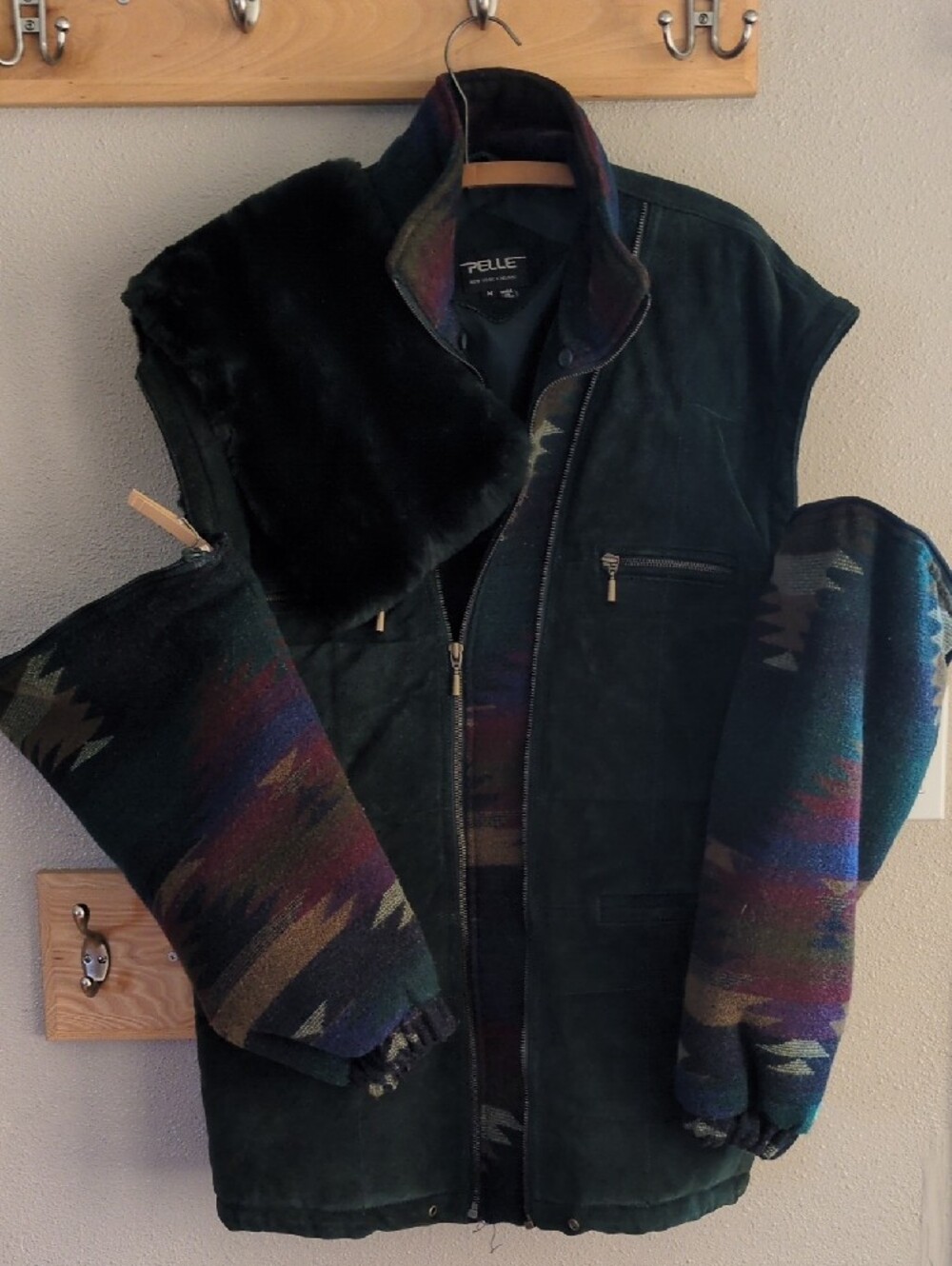 Pelle Dark Green Suede Puffer Jacket with Patterned Wool Sleeves - Picture 8 of 9